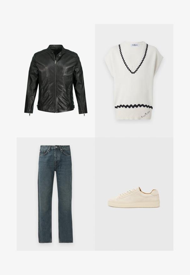 Mustat nahkatakki, jossa on pystyamara, täysi vetoketju etuosassa, kaksi sivuvetokoteloa ja paneelidetaljit hartioissa. Sileä texture.; Kermanvärinen neuleetuparmu, jossa on V-pääntie, mustat aallotetut reunat ja ribatut yksityiskohdat helmassa, johon on brodeerattu logo.; Tumman siniset farkut, joissa on suora lahjesuunnittelu. Farkuissa on viisi taskua, nappikiinnitys ja kontrastivärisiä ompeleita.; Beige mokkasneaker med lavt design, rund tå, flade snørebånd og en tekstureret gummisål. Minimalistisk stil uden synlige logoer.