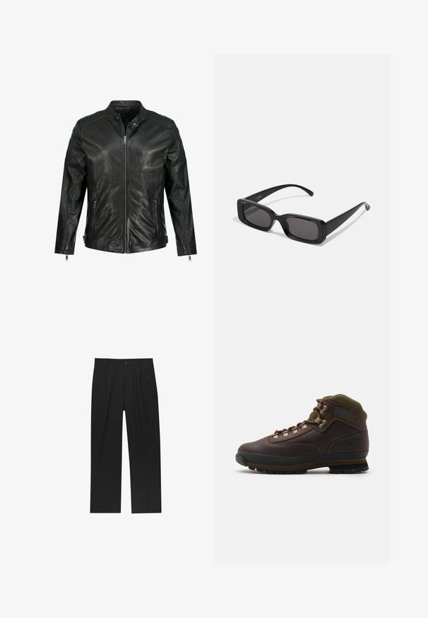 Mustat nahkatakki, jossa on pystyamara, täysi vetoketju etuosassa, kaksi sivuvetokoteloa ja paneelidetaljit hartioissa. Sileä texture.; Valkoinen pitkähihaisa nappipusero, joka on valmistettu sileästä kankaasta. Siinä on klassinen kaulus, napitus edessä ja yksinappiset hihansuut. Slim fit -muotoilu.; Mustat housut suoranlahkeisella muotoilulla, valmistettu sileästä kankaasta. Ominaisuuksiin kuuluu etupleateet ja yksi nappikiinnitys vyötäröllä.; Ruske nahodne planinarske čizme sa zelenim tekstilnim ovratom. Imaju metalne kuke za vezivanje, gumeni đon i teksturirani profil za bolju prionljivost.; Mustat suorakaiteen muotoiset aurinkolasit, joissa tummat linssit, kiiltävä pinta, leveät sangan varret ja massiivinen kehysmuotoilu. Yhden sangansivun kaiverrettu brändinimi.; Mustikka solmio, jossa on teksturoidun viimeistely, kapea muoto ja terävä kärki. Kangas näyttää sileältä hienovaraisella kuviolla.