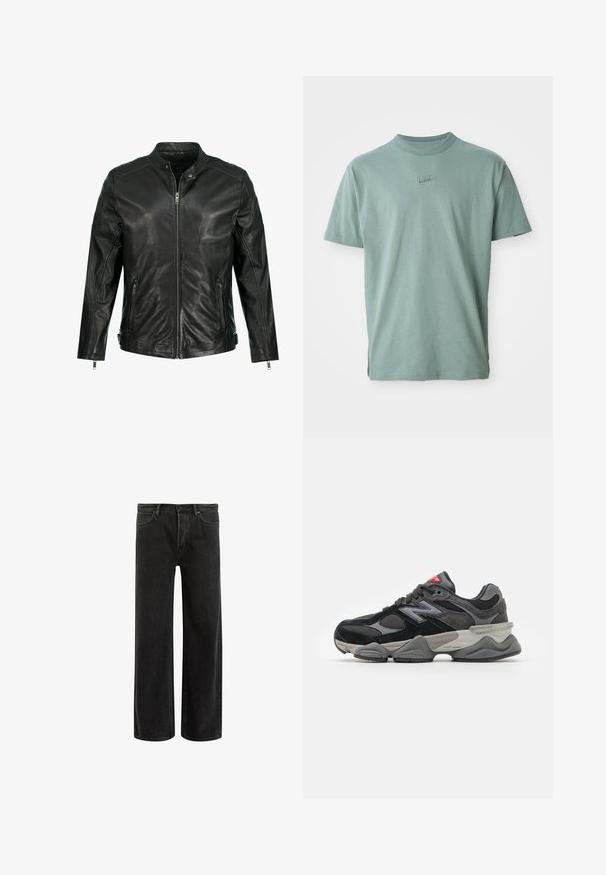 Sort læderjakke med opretstående krave, fuld lynlås foran, to sidelommer med lynlås og paneldetaljer på skuldrene. Glat tekstur.; Grøn bomulds t-shirt med korte ærmer, ribbet rund halsudskæring og broderet Nike-logo på brystet. Glat tekstur og afslappet pasform.; Sorte denim bredde ben jeans med høj talje, med klassisk fem-lomme design og subtil falmning for et tekstureret udseende.; Sort og grå sneakers med en kombination af ruskind og mesh-materialer, tyk sål, fremtrædende logo og rød accent på tungen.