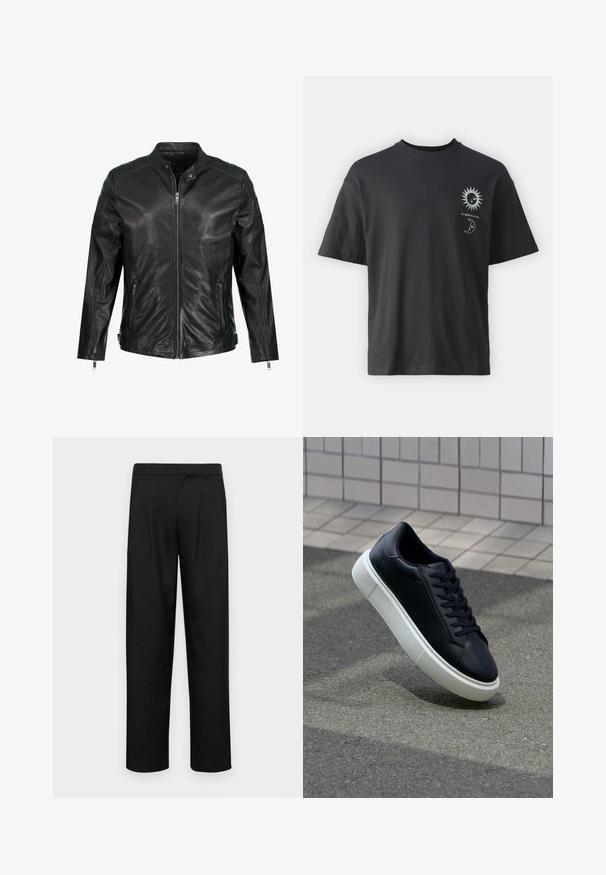 Sort læderjakke med opretstående krave, fuld lynlås foran, to sidelommer med lynlås og paneldetaljer på skuldrene. Glat tekstur.; Sort bomulds T-shirt med korte ærmer, rund hals og frontgrafik af en sol og måne, ledsaget af teksten "Le Soleil et La Lune."; Sorte bukser lavet af glat stof, med et lige ben-design, to frontfolder og en standard talje med bæltestropper.; Sort lædersneaker med rund tå og hvid gummisål. Har flade snørebånd og minimal syning på overdelen. Tekstureret sål for bedre greb.