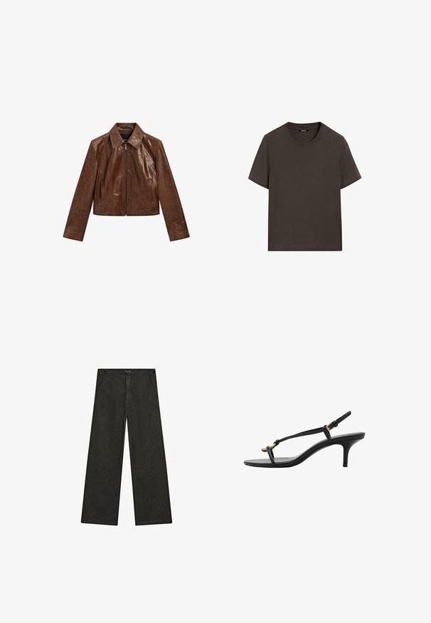 Brun skinnjacka med kort längd, med spetsig krage, blixtlåsförslutning och slät yta med subtil glans och sömdetaljer.; Mörkbrun t-shirt med kort ärm tillverkad av bomull. Har en rund halsringning och en avslappnad passform, utan synliga mönster eller dekorationer.; Svarta denimbyxor med vida ben, med medelhög midja, två framfickor och en ren, minimalistisk design utan synliga dekorationer.; Svart lädersandal med kitten heel, tunna remmar, guldspänne och minimalistisk tåloop på en vit bakgrund.