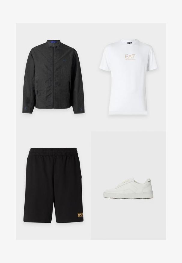 Chaqueta ligera negra con cuello alto, cremallera frontal y puños elásticos. Presenta un pequeño logo azul en el pecho y una tela texturizada.; Camiseta blanca de algodón con escote redondo y mangas cortas, con un logo dorado de EA7 Emporio Armani impreso en el frente.; Pantalones cortos deportivos negros de tejido suave, con una cintura elástica y un pequeño logo amarillo de EA7 en la parte inferior de la pierna izquierda.; Zapatilla de cuero blanca con un acabado suave, puntera redonda, cordones planos y suela texturizada. Cuenta con un sutil logo en el talón.
