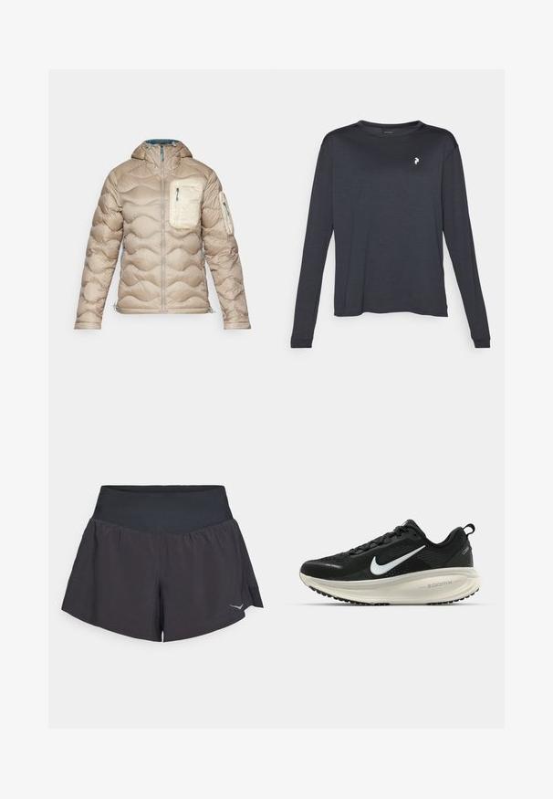 Peak Performance HELIUM UTILITY HOOD JACKET - Dūnu jaka - avid beige/sand fog/hydro fresh; Tumša, garām piedurknēm T-kreklā, izgatavota no strukturēta auduma, ar apaļu kakla izgriezumu un mazu baltu logotipu kreisajā krūšu daļā.; Melni sporta šorti ar plašu, gludu jostasvietu. Iezīmēts ar izlocītu dizainu un atstarotāja logotipa detaļu apakšējā labajā pusē.; Melnas Nike skriešanas kurpes ar elpojošu acs augšdaļu, baltu Swoosh logotipu, strukturētu apdari un krēmkrāsas ZoomX starpsole.