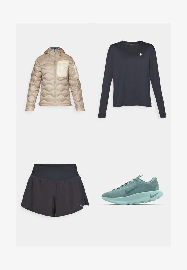 Peak Performance HELIUM UTILITY HOOD JACKET - Jakna ispunjena paperjem - avid beige/sand fog/hydro fresh; Tamna majica dugih rukava od teksturiranog materijala, s okruglim izrezom i malim bijelim logom na lijevoj strani prsnog područja.; Crne sportske kratke hlače s širokim, glatkim pojasom. Imaju lepršav dizajn i reflektirajući logotip na donjoj desnoj strani.; Svijetlo zeleni atletski tenisice s teksturiranim pletenim gornjištem, zaobljenim potplatom i istaknutim swoosh logom u tamnijoj zelenoj boji sa strane.