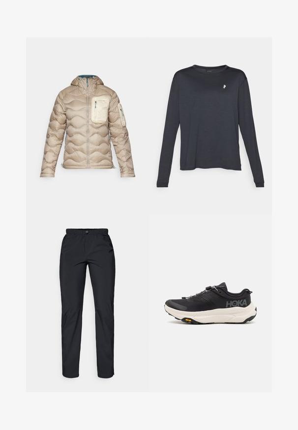 Peak Performance HELIUM UTILITY HOOD JACKET - Gewatteerde jas - avid beige/sand fog/hydro fresh; Donker langarm T-shirt van gestructureerde stof, met een ronde halslijn en een klein wit logo op de linker borst.; Zwarte, lichte, waterdichte broek met elastische tailleband en twee zijzakken; gladde textuur; recht model.; Zwarte sportschoenen met een ademend bovenwerk van mesh, rubberen buitenzool, witte dempende tussenzool en reflecterende veters. Vibram-logo op de buitenzool.