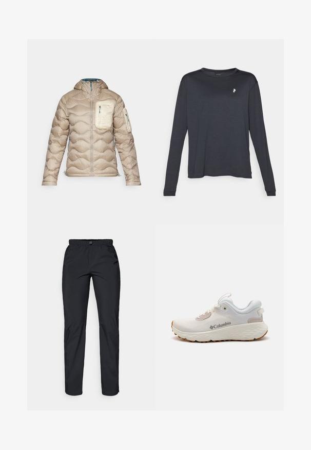 Peak Performance HELIUM UTILITY HOOD JACKET - Down jacket - avid beige/sand fog/hydro fresh; Dark long-sleeve T-shirt made of textured fabric, featuring a round neckline and a small white logo on the left chest area.; Black, lightweight, water-resistant pants with an elastic waistband and two side pockets; smooth texture; straight-leg design.; Lightweight Columbia athletic shoe in white mesh with a textured gray sole and rubber traction. Features a padded collar and lace-up design.