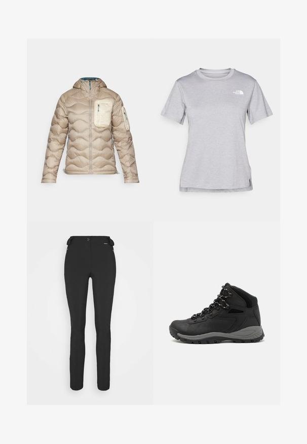 Peak Performance HELIUM UTILITY HOOD JACKET - Gewatteerde jas - avid beige/sand fog/hydro fresh; Grijze T-shirt met korte mouwen, gemaakt van zachte, vochtabsorberende stof. Heeft een ronde hals en een klein wit logo op de bovenste linkerzijde.; Zwarte, strakke broek gemaakt van een flexibel materiaal. Kenmerken zijn onder andere een ritszak aan de zijkant, gebogen knieën en een gladde textuur.; Zwarte wandelschoen met een mid-top ontwerp, voorzien van een gestructureerde bovenkant, grijze accenten en een duurzame rubberen zool met gripnoppen.