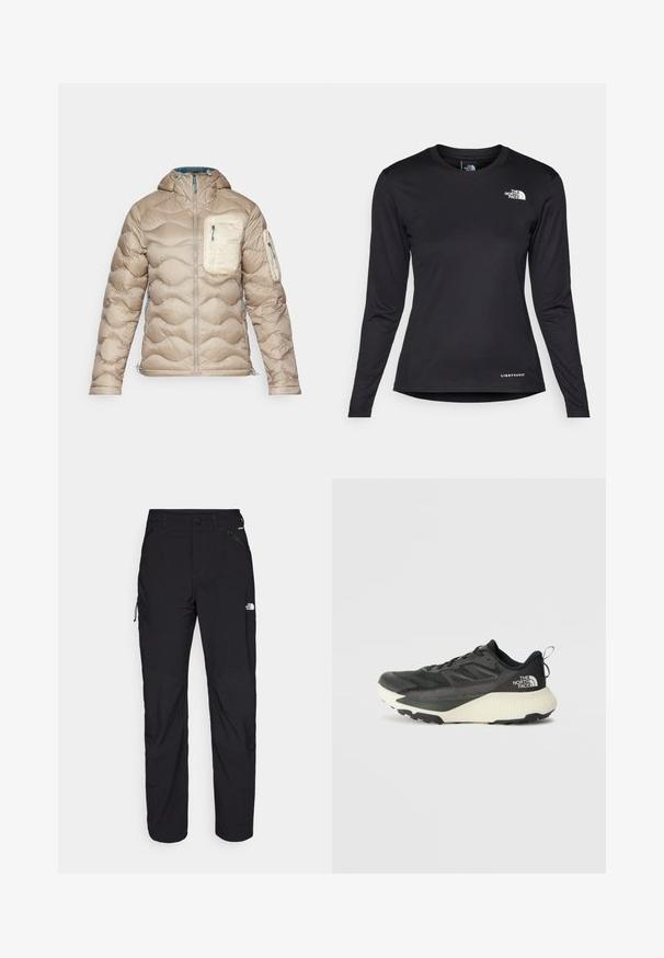 Peak Performance HELIUM UTILITY HOOD JACKET - Tollkabát - avid beige/sand fog/hydro fresh; The North Face SHADOW LONG SLEEVE - Hosszú ujjú felső - black; Fekete szabadtéri nadrág, normál fazonban, könnyű anyagból készült. Jellemzői közé tartozik a cipzár, zsebek és megerősített térdek a tartósság érdekében.; Fekete sportcipő, texturált felsőrésszel, szürke kiegészítőkkel és fehér középtalppal. Húzófüllel és kiemelkedő márkalandírral a sarkán.