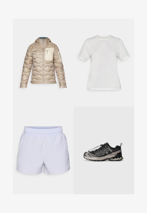 Peak Performance HELIUM beżowy; Biała koszulka sportowa z krótkim rękawem, wykonana z siateczkowego materiału, z okrągłym dekoltem i małym logo "Salomon" umieszczonym na środku klatki piersiowej.; Jasnofioletowe szorty z elastycznym pasem, wykonane z gładkiego materiału. Posiadają mały detal z logo z boku. Lekka konstrukcja.; Czarno-szare buty sportowe z siateczkową cholewką, gumową podeszwą i elastycznym systemem sznurowania. Posiadają wzmocniony czubek i teksturowane akcenty.