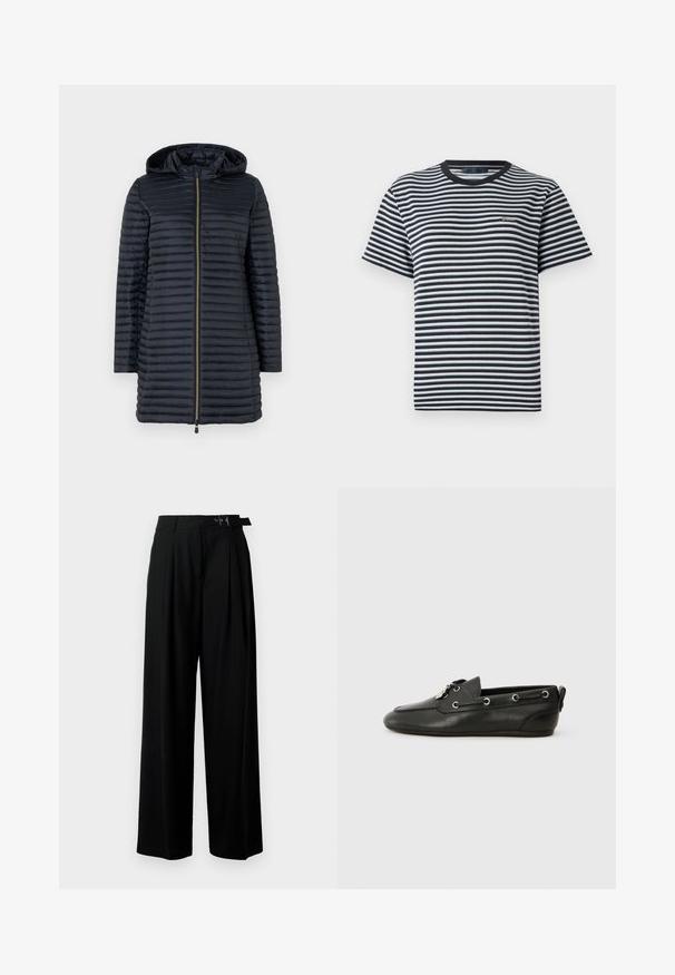 Save the duck MEGS - Geacă - black; Tricou cu dungi, având dungi orizontale negre și albe, guler tip crew și mâneci scurte. Făcut dintr-un material moale, ușor.; Pantaloni negri cu croi larg, talie înaltă, pliuri în față și un b μέρος cu cataramă. Confecționați dintr-un material neted și ușor.; Pantofi de barcă din piele neagră, cu vârf rotund, închidere cu șireturi, cu ochiuri metalice și talpă plată. Au un mic tab de prindere în spate.