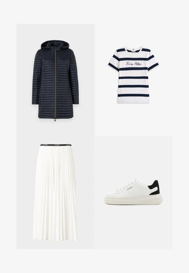 Save the duck MEGS - Vinterkappa /-rock - black; T-shirt i bomull med horisontella marinblå ränder på vit bakgrund. "Tommy Hilfiger" broderat i kursiv på bröstet. Rund halsringning.; Fälld vit kjol med svart elastiskt midjeband som har "LACOSTE"-logotypen. Mittenlång design med mjuk textur.; Vita lädersneakers med en tjock vit sula, svartsuede hälaccent och präglad logotyp på sidan. Snörningsdesign med sex öglor.