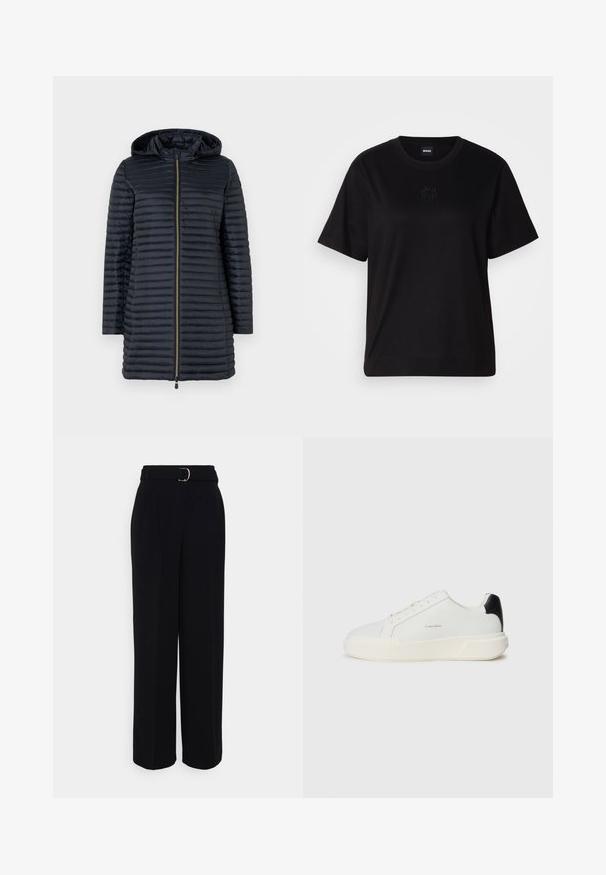 Save the duck MEGS - Wintermantel - black; Schwarzes Baumwoll-T-Shirt mit Rundhalsausschnitt, kurzen Ärmeln und aufgesticktem Logo auf der Brust. Einfacher, lässiger Schnitt ohne Muster.; Schwarze maßgeschneiderte Hose mit weit auslaufendem Schnitt, ausgestattet mit einem Gürtel mit einer silbernen Schnalle, Falten und einer glatten Stofftextur.; Weißer Sneaker mit einem Obermaterial aus glattem Leder, runder Zehenpartie, Schnürverschluss und einem kontrastierenden schwarzen Fersenakzent. Verfügt über eine strukturierte Gummisohle.