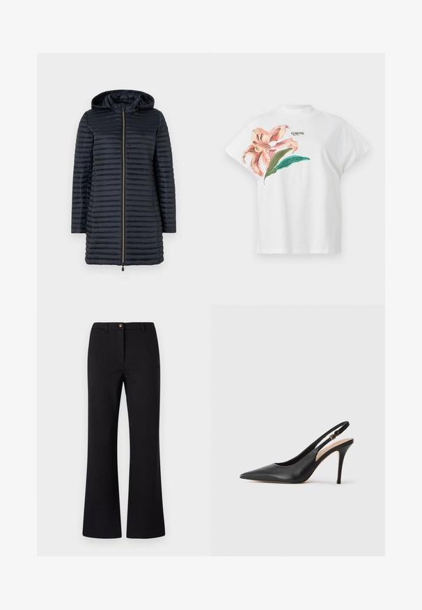 Save the duck MEGS - Wintermantel - black; Weißes Baumwoll-T-Shirt mit kurzen Ärmeln, das auf der linken Seite ein pinkes Blumenmuster und grüne Blätter zeigt. Über dem Design befindet sich das graue "Guess"-Logo.; Schwarze ausgestellte Hose aus glattem Stoff, mit einem vorderen Knopfverschluss, Gürtelschlaufen und einem klaren, taillierten Design.; Schwarze Leder-Slingback-Pumps mit spitzer Zehenform, glatter Textur und einem zarten Riemen mit einer metallischen Schnalle.