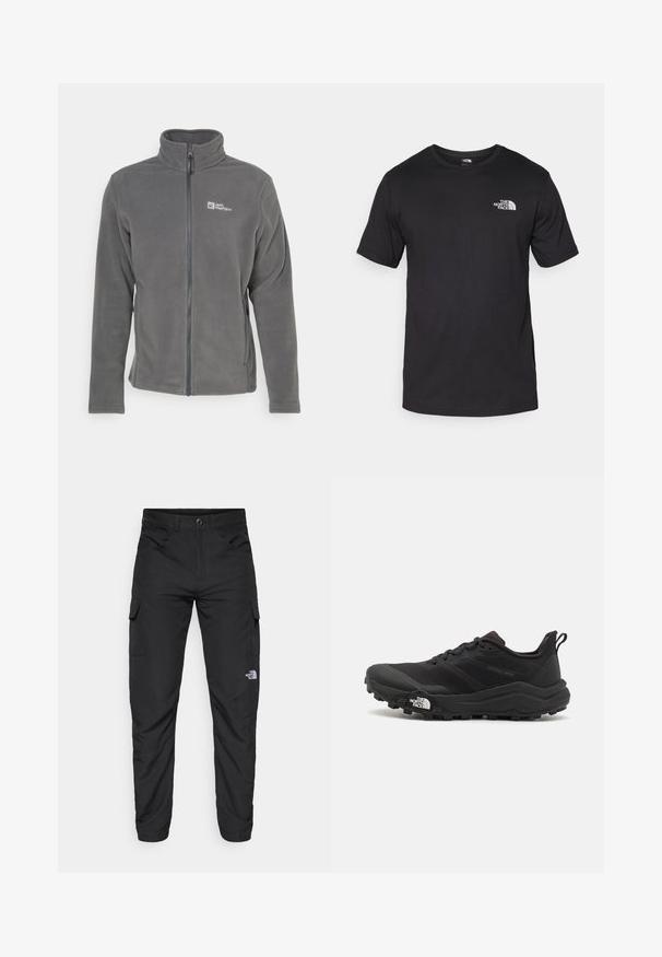 Szara polarowa kurtka z wysokim kołnierzem, pełnym zamkiem błyskawicznym i logo na lewej piersi. Posiada długie rękawy i miękką fakturę.; Czarna koszulka z krótkim rękawem wykonana z bawełny, z okrągłym dekoltem i małym białym logo na górnej lewej części klatki piersiowej.; The North Face HORIZON czarny; Czarne buty do biegania w terenie z teksturowaną cholewką, gumową podeszwą i wzmocnionym noskiem. Posiadają wyściełany kołnierz oraz uchwyt do łatwego zakładania.