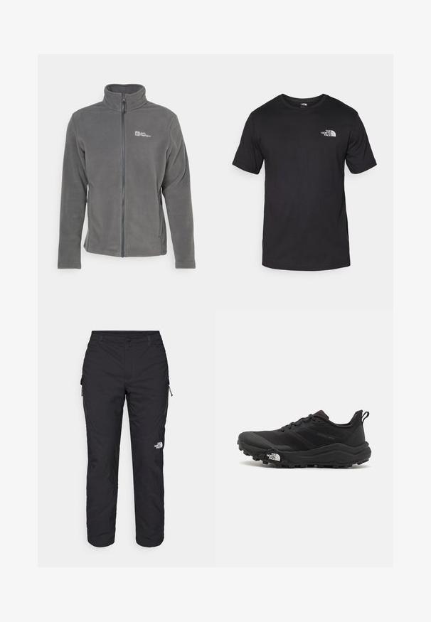 Grey fleece jacket with a high collar, full zipper, and logo on the left chest. Features long sleeves and a soft texture.; Black short-sleeve t-shirt made of cotton, featuring a round neckline and a small white logo on the upper left chest area.; The North Face WINTER EXPLORATION TAPERED CARGO - Outdoor trousers - black; Black trail running shoe with a textured upper, rubber sole, and reinforced toe cap. Features a padded collar and pull tab for easy wear.