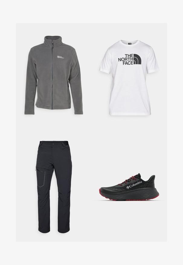 Šedá fleecová bunda s vysokým límcem, plným zipem a logem na levé hrudi. Má dlouhé rukávy a měkkou texturu.; Bílý bavlněný tričko s černým grafickým potiskem, na kterém je text a zakřivený design loga. Kulatý výstřih a krátké rukávy. Hladká textura.; Černé venkovní kalhoty s kapsou na stehně se zipem, elastickým pasem a hladkým, voděodolným materiálem. Čistý design bez viditelných log.; Černá sportovní bota s texturovaným svrškem, červenými tkaničkami a logem. Silná podrážka s vzorovaným dezénem pro lepší trakci. Minimalistický design, boční pohled.