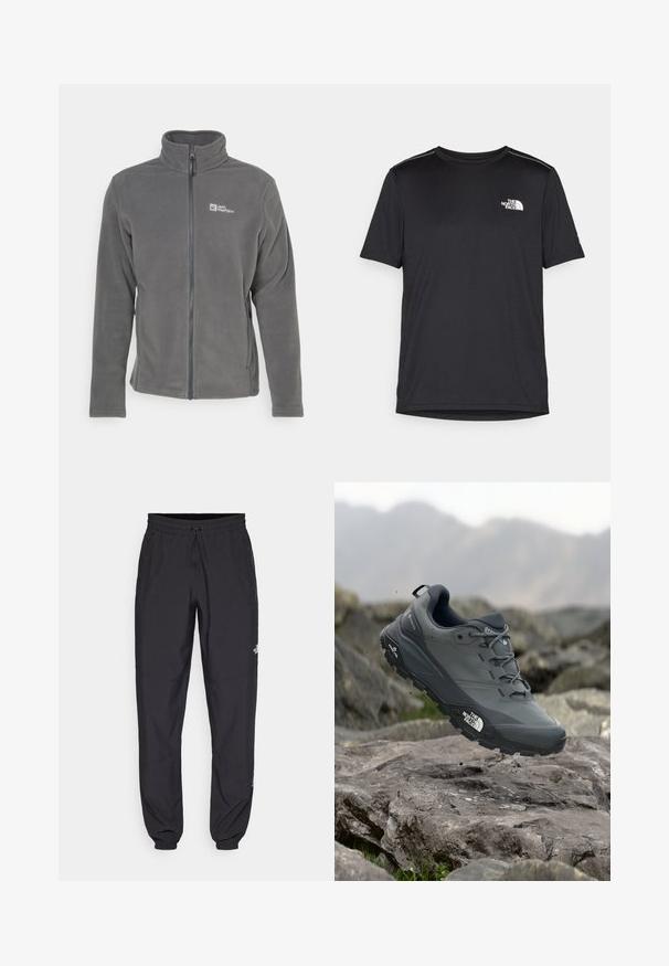 Grau Fleece-Jacke mit hohem Kragen, durchgehendem Reißverschluss und Logo auf der linken Brust. Verfügt über lange Ärmel und eine weiche Textur.; Schwarzes T-Shirt mit kurzen Ärmeln aus leichtem Stoff. Mit einem kleinen weißen Logo auf der linken Brust und dezenten Akzenten an den Schultern.; Schwarze Sporthosen aus leichtem Stoff, mit einem Kordelzugbund, seitlichen Taschen und schmal zulaufenden Bündchen an den Knöcheln.; Grau Trailrunning-Schuh mit einer strukturierten Oberseite, haltbarer Gummisohle und verstärkter Zehenkappe. Verfügt über Schnürsenkel und ein Markenlogo an der Seite.