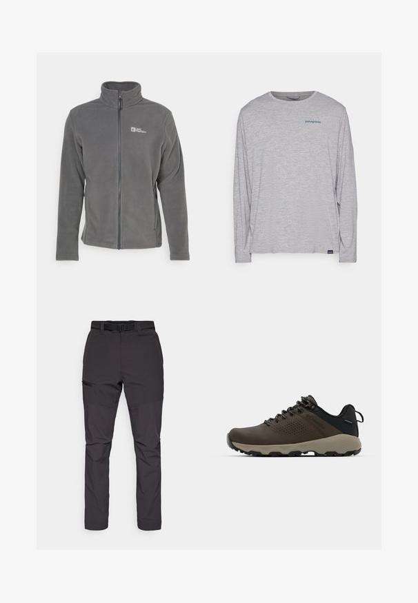 Pilkas fliso džemperis su aukštu apykakle, pilnu užtrauktuku ir logotipu kairėje krūtinės pusėje. Turi ilgas rankoves ir minkštą tekstūrą.; Šviesiai pilka ilgomis rankovėmis marškinėliai, pagaminti iš minkštos, tekstūruotos medžiagos. Yra apvalus kaklas ir mažas mėlynas "Patagonia" logotipas krūtinėje.; Tamsiai pilki, lengvi lauko kelnės su pritaikytu dizainu, reguliuojama juosmens detalė ir šoninis kišenė su užtrauktuku. Glotni tekstūra, universali danga.; Rudi nepralaidūs sportbačiai su tekstūruota viršutine dalimi, perforuotomis detalėmis, juodu kulno palaikymu ir pilku guminio padu. Šniūreliai yra dekoruoti metaliniais galais.