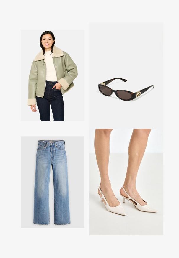 Giacca in ecopelle verde con colletto e polsini in shearling crema, dotata di tasche laterali e chiusura con zip. Indossata con jeans a vita alta.; Top a maniche lunghe con collo alto di colore beige chiaro. Realizzato in un tessuto morbido e elasticizzato, con una vestibilità rilassata e un collo pieghevole.; Jeans in denim blu chiaro a gamba larga con vita alta, aree sbiadite, cinque tasche e cuciture a contrasto. Classico bottone e chiusura con zip.; Tacchi slingback in pelle lucida beige con punta affusolata e tacco di 5 cm, caratterizzati da lati traforati e una sottile fascia alla caviglia.; Occhiali da sole tartarugati con lenti ovali allungate, tonalità marrone, accenti dorati con logo sulle tempie e aste nere eleganti.; Borsa a tracolla curva in pelle crema con una sola tracolla, minuteria dorata e un branding sottile nella parte inferiore. Chiusura con zip lungo il bordo superiore.; Collana d'oro con un design a foglia caratterizzato da dettagli testurizzati. Il pezzo presenta una chiusura a catena e una forma naturale e fluida.