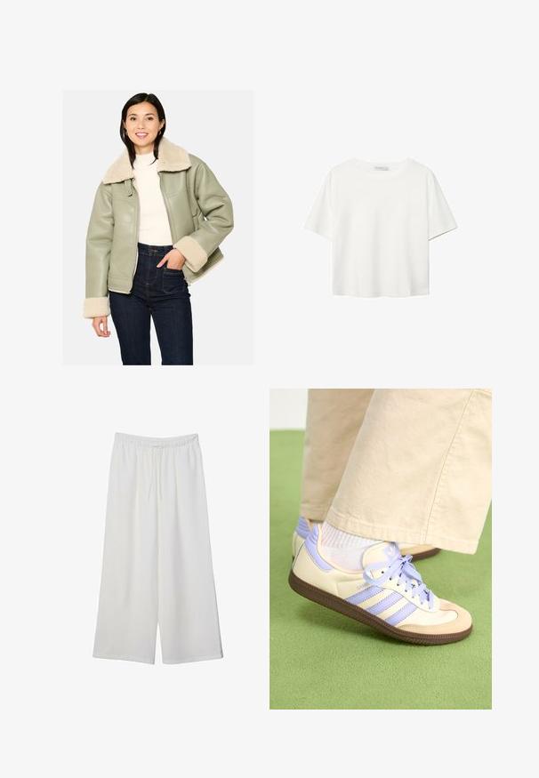 Zielona kurtka z ekoskóry z kremowym kołnierzem i mankietami z owczej wełny, z bocznymi kieszeniami i zapięciem na zamek. Nosi z dżinsami o wysokim stanie.; Biała koszulka z krótkim rękawem, wykonana z bawełny. Posiada okrągły dekolt i luźny krój. Gładka faktura bez widocznych wzorów czy akcentów.; Białe szerokie spodnie wykonane z lekkiego materiału, z elastyczną talią i sznurkiem do regulacji fasonu. Gładka tekstura.; Kremowe i lawendowe trampki z trzema paskami oraz teksturowaną brązową podeszwą, wyposażone w sznurówki i wyścieloną piętę. Górna część z miękkiego materiału.