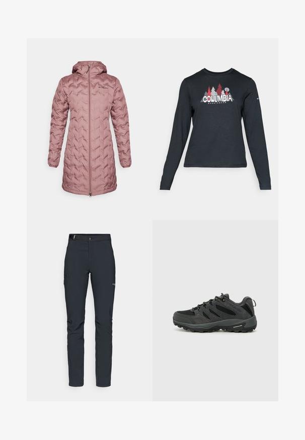 Columbia DELTA RIDGE™ LONG JACKET - Dunfrakker - fig; Langærmet mørkegrå skjorte med grafik af røde træer og bjerge; "COLUMBIA" logo i fed hvid tekst. Blødt stof, standard rund hals.; Herrers udendørsbukser, mørkegrå, lavet af fleksibelt materiale, med bælte, lynlåslommer og forstærkede syninger.; Columbia REDMOND - Hikingsko - black/citron haze