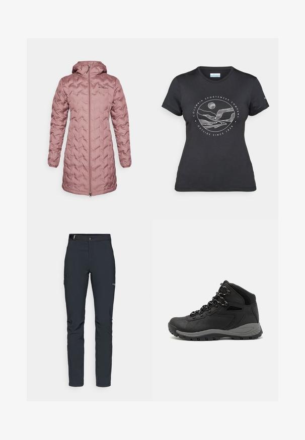 Columbia DELTA RIDGE™ LONG JACKET - Kaput ispunjen paperjem - fig; Crna Columbia majica s bijelim kružnim crtežom planine i rijeke te natpisom "Columbia Sportswear Company Outside Since 1938."; Muške outdoor hlače, tamno sive boje, izrađene od fleksibilnog materijala, s remenom, džepovima na patentni zatvarač i ojačanim šavovima.; Crne planinarske čizme s dizajnom srednjeg vrha, sa teksturiranim gornjim dijelom, sivim akcentima i izdržljivom gumom potplatom s uzorkom za prianjanje.