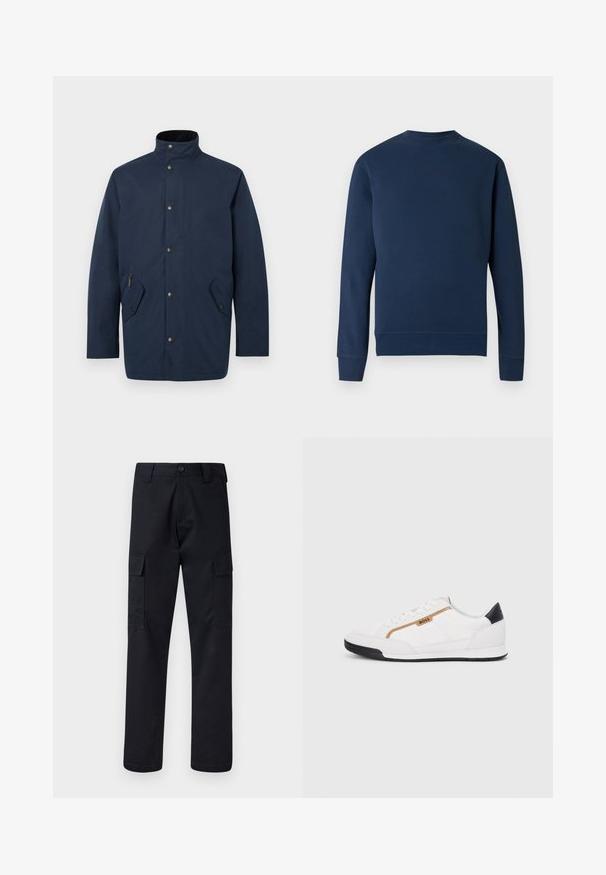 Casaco impermeável azul-marinho com gola alta, fecho frontal com botões, dois bolsos laterais e uma textura suave.; Sweatshirt azul marinho com decote redondo, punhos e bainha canelados. Apresenta um logótipo subtil ao peito na mesma cor. Textura do tecido lisa.; Calças cargo pretas feitas de tecido resistente, com corte de perna direita, dois bolsos laterais e fecho de botão na cintura.; Tênis atléticos brancos com detalhes em malha e couro. Apresenta um logotipo dourado "BOSS", painéis laterais texturizados e um capô de calcanhar preto. Sola em borracha.