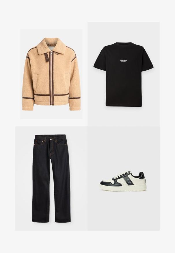 Tan faux shearling jack met een rits aan de voorkant, bruine leren accenten en een kraag. Heeft een boxy ontwerp en gestikte details.; Zwarte katoenen T-shirt met een ronde halslijn en korte mouwen. Kenmerkt zich door een witte "JJ Studios" logo op het bovenste deel van de borst.; Heren straight-leg zwarte denim jeans met vijf zakken en oranje stiksels, knoop- en ritssluiting op de voorkant van de tailleband.; Leren sneakers met een zwart en crèmekleurig kleurenschema, voorzien van geperforeerde accenten, een gevoerde kraag en een gestructureerde buitenzool.