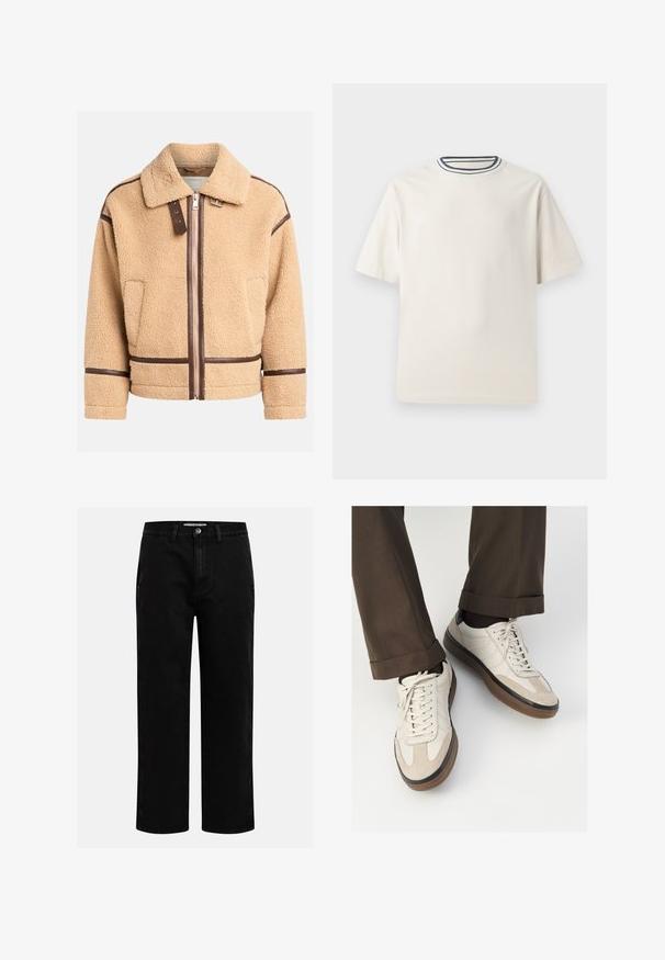 Tan faux shearling jacket with a zippered front, brown leather accents, and a collar. Features a boxy design and stitched detailing.; Cream-colored cotton t-shirt with short sleeves, featuring a round neckline accented by navy and white stripes. Smooth texture, relaxed fit.; Black denim pants with a straight-leg cut, classic five-pocket design, and a button closure at the waist. Smooth texture and durable fabric.; Beige sneakers with a textured suede front, smooth leather sides, and a brown rubber sole. Laces and light stitching detail included.