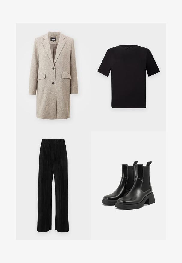 Béžový kabát z vlnenej zmesi s textúrovaným povrchom, dvoma prednými vreckami, čiernymi gombíkmi a klopami. Dlhé rukávy a stredná dĺžka.; Čierne tričko s krátkym rukávom a okrúhlym výstrihom, vyrobené z mäkkej bavlny. Jednoduchý dizajn, bez viditeľných log alebo vzorov.; Čierne plisované nohavice s elastickým pásom. Majú široké nohavice a hladkú, textúrovanú látku s vertikálnymi pruhmi.; Čierne kožené Chelsea čižmy s robustným podpätkom, elastickými bočnými panelmi a kontrastným bielym prešívaním. Textúrovaný povrch.