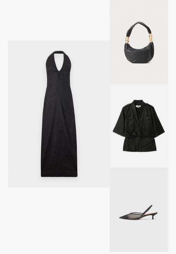 Casaco preto de mangas curtas com cintura cingida, apresentando dois bolsos frontais e detalhes em botão nos ombros. Tecido texturizado com um acabamento suave.; Cult Gaia LIANNA DRESS - Vestido comprido - black; NEOUS IRENA - Saltos clássicos - black; Mala de mão em couro preto com forma redonda, textura suave e alça com nó, apresentando detalhes em metal dourado. Fecho em zíper.