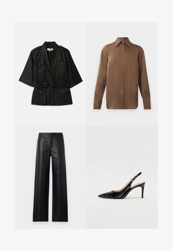 Jachetă neagră cu mâneci scurte și talie brăzdată, având două buzunare frontale și accente cu nasturi pe umeri. Material texturat cu un finisaj neted.; Cămașă lungă cu mânecă, de culoare maro, cu guler și manșete ascuțite, prezentată pe un fundal alb simplu.; Pantaloni din piele neagră cu picioare largi, având o textură netedă, cu buzunare frontale, sistem de închidere cu buton și detalii de cusătură subtile.; Pantofi slingback din piele patent neagră, cu vârful ascuțit, tocul subțire și un design discret cu decupaj. Se evidențiază printr-un cataramă aurie pe curea.