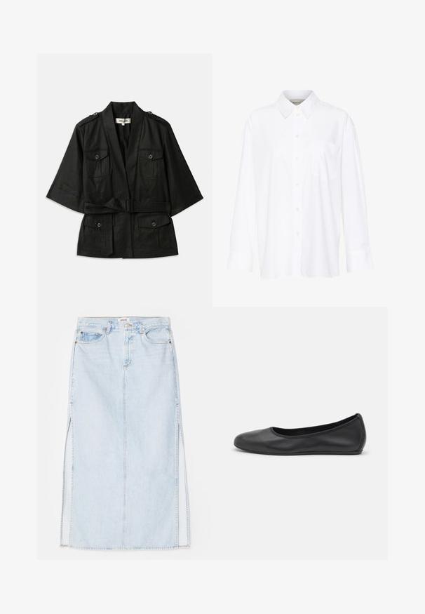 Černá krátká bunda s krátkým rukávem a páskem v oblasti pasu, obsahující dvě přední kapsy a knoflíkové detaily na ramenech. Texturovaná látka s hladkým povrchem.; Bílá košile s dlouhým rukávem a límečkem vyrobená z bavlny. Má knoflíkovou přední část a jedno kapsičku na prsou. Hladký povrch, volný střih.; Světle modrá denimová maxi sukně se střihém do tvaru A, která má boční rozparky a design s pěti kapsami. Výrazné švy a kovové zapínání na knoflík.; Černé kožené baletní byty s kulatou špičkou, hladkou texturou, minimálními švy a flexibilním designem podrážky.