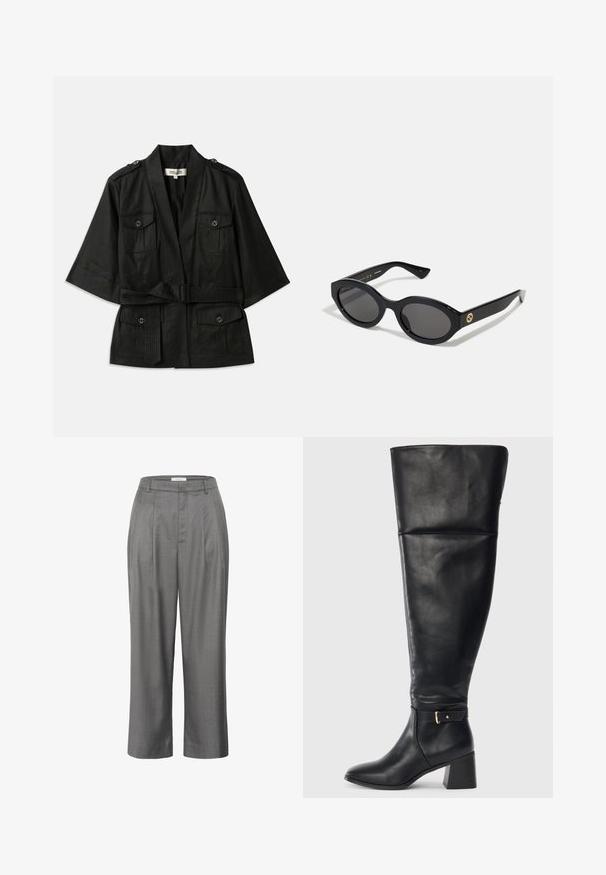 Jachetă neagră cu mâneci scurte și talie brăzdată, având două buzunare frontale și accente cu nasturi pe umeri. Material texturat cu un finisaj neted.; Tricou cu mânecă lungă și guler înalt, de culoare bej deschis. Fabricat dintr-un material moale și elastic, cu o croială lejeră și un guler pliabil.; Pantaloni gri, croiți cu un fit drept, cu față pliată, textură de țesătură netedă și un design clasic al taliei.; Botă de piele neagră, până la genunchi, cu toc bloc și curea decorativă cu cataramă aurie deasupra gleznei, văzută din lateral pe un fundal alb.; Ochelari de soare ovali negri cu lentile întunecate și ramă din plastic lucios. Prezintă un logo aurit pe bradă, oferind un design elegant și modern.