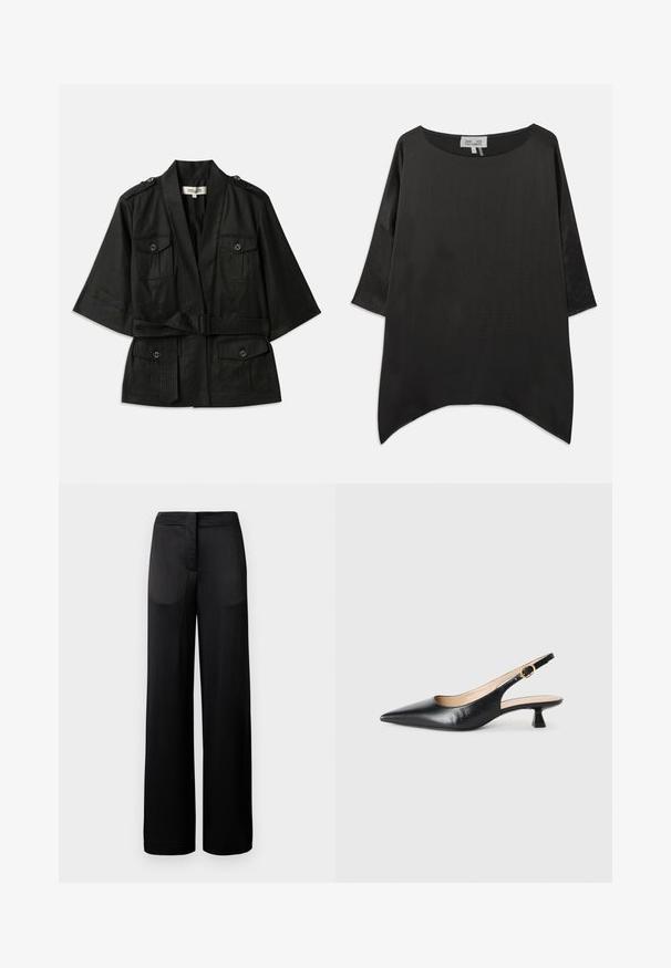 Black short-sleeve jacket with a belted waist, featuring two front pockets and button accents on the shoulders. Textured fabric with a smooth finish.; Black oversized blouse with a round neckline, three-quarter sleeves, and a flowy, textured fabric. Features curved hem and minimalist design.; Wide-leg black trousers with a textured surface, featuring a flat waistband and two side pockets. The fabric appears lightweight and flowing.; Black leather slingback kitten heel shoe with pointed toe and gold buckle on side strap, on white background.