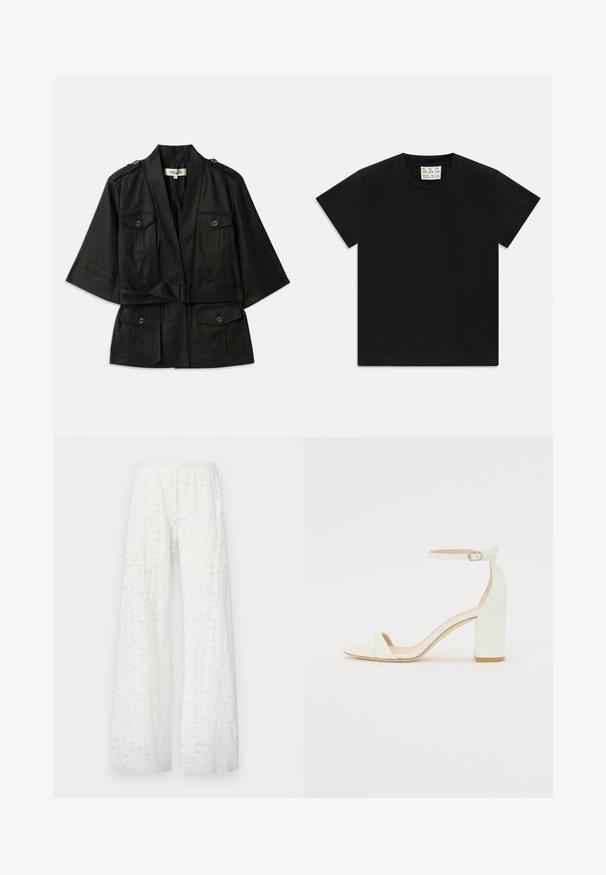 Juodas trumpomis rankovėmis švarkas su diržu juosmenyje, turintis dvi priekinės kišenes ir sagų akcentus ant pečių. Tekstūruota medžiaga su lygia apdaila.; Juodas trumpomis rankovėmis marškinėliai su apvaliu kaklu, vidinėje apykaklės pusėje yra balta etiketė su užrašu "D.R.C. EST. 2002" ant balto fono.; Baltos plačios kelnės su elastinga juosmeniu, kurių audinyje visame paviršiuje yra tekstūruotas gėlėtas nėrinių raštas.; Baltos odos blokinio kulno sandalai, su kulkšnies dirželiu ir sagtimi, minimalistinio dizaino. Atvira pirštų dalis ir sklandžios tekstūros visoje.