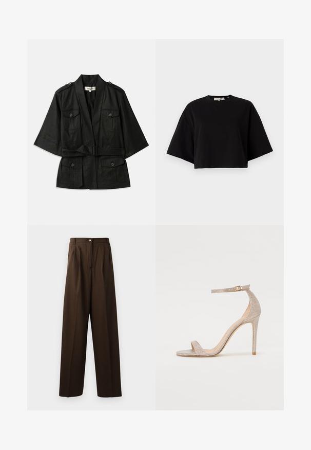 Black short-sleeve jacket with a belted waist, featuring two front pockets and button accents on the shoulders. Textured fabric with a smooth finish.; Black cropped t-shirt made of cotton, featuring a round neckline and short, wide sleeves for a loose fit. Smooth texture, simple design.; Brown tailored trousers with a wide-leg design, featuring front pleats, a button closure, and a smooth, textured fabric.; Strappy high-heeled sandal in metallic rose gold, featuring a textured upper, open toe, and ankle strap with a gold buckle detail.