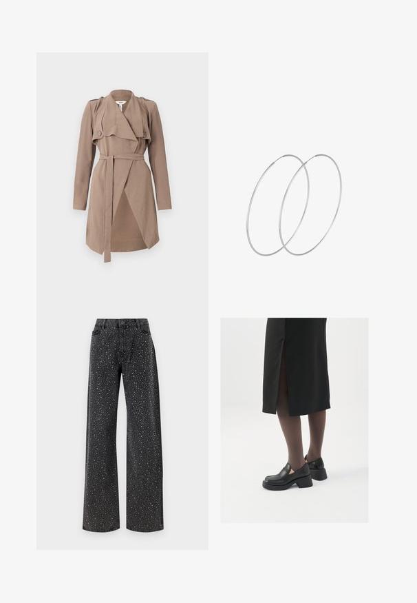Brun trenchcoat med slagkrage, långa ärmar, knäppta axelaccenter och ett knytbälte; har en draperad frontdesign och strukturerad tyg.; Svart bodysuit med långa ärmar, med en mesh V-ringning och skräddarsydd axeldetalj. Slät tyg med en kroppsnära passform.; Noisy May NMJANNEL LOOSE - Jeans relaxed fit - black denim; Svarta läderskor med rund tå, tjock klack utan häl och elastiska sidodetaljer, kombinerat med mörka strumpbyxor och en svart kjol med slits.; Silverfärgade hoopörhängen med en minimalistisk design. Cirkulär form, slät yta och tunn profil. Lätta med en polerad finish.