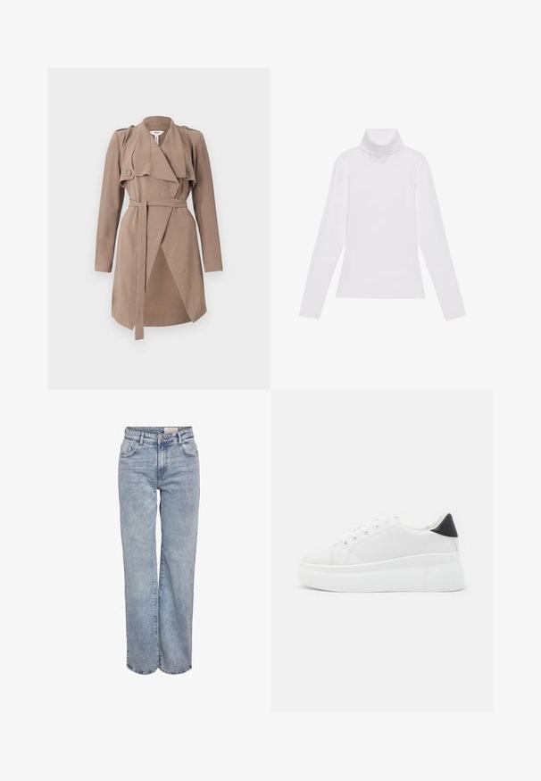 Brown trench coat with a lapel collar, long sleeves, buttoned shoulder accents, and a tie belt; features a draped front design and textured fabric.; White long-sleeve turtleneck top made of smooth, stretchy fabric. Features a high collar and fitted design, with no visible patterns or embellishments.; Light blue wide-leg jeans made from denim, featuring a high waist, five-pocket design, and subtle fading for a worn-in look.; White platform sneakers made of smooth synthetic material, featuring a rounded toe, lace-up design, and a textured rubber sole. Black heel accent.