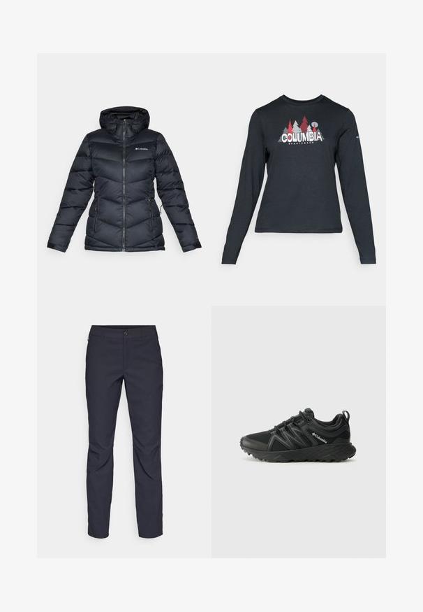 Črna puhovka s kapuco; kvadratna zasnova, zadrga in dva stranska žepa. Na prsih ima logo Columbia in elastične rokavne manšete.; Majica z dolgimi rokavi temno siva z grafiko rdečih dreves in gora; logotip "COLUMBIA" v krepki beli barvi. Mehka tkanina, standarden krojen ovratnik.; Mornarji modri hlače iz gladkega blaga, z zapiranjem na gumb spredaj, tesno prilegnjenim krojem in gubami na kolenih.; Columbia PEAKFREAK - Pohodniški čevlji - black