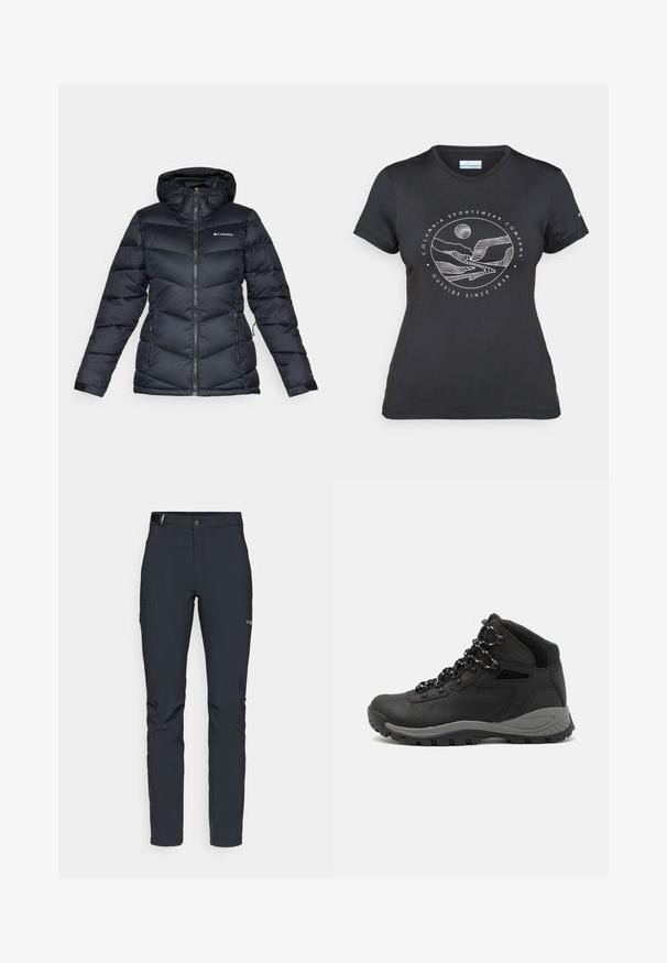 Sort pufferjakke med hætte; quiltet design, lynlås lukning og to sidelommer. Har Columbia logo på brystet og elastiske ærmeafslutninger.; Sort Columbia t-shirt med hvid cirkulær bjerg- og flodlinjekunst samt teksten "Columbia Sportswear Company Udenfor Siden 1938."; Herrers udendørsbukser, mørkegrå, lavet af fleksibelt materiale, med bælte, lynlåslommer og forstærkede syninger.; Sort vandrestøvle med en mellem-højde design, der har en tekstureret overdel, grå detaljer og en holdbar gummisål med skridsikre klodser.