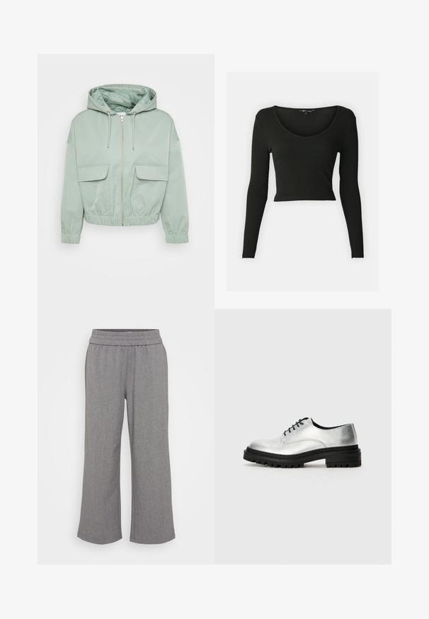 Mõnus roheline lühike jakk kapuutsiga, lukuga kinnitusega, elastsete mansettidega ja kahe esisegmendiga taskuga. Sile kangas, särava sisekattega.; Musthave musta pikkade varrukatega crop top, mis on valmistatud soonikkangast ja millel on sügav V-kujuline kaelus. Omab vormitud varrukaid ja siledat tekstuuri.; Hallid hallid, laiad püksid on valmistatud tekstureeritud kangast ja neis on elastne vöökoht. Omab diskreetset mustrit, kuid ei sisalda taskuid ega sulgureid.; Hõbedased nahast oxfordi kingad ümarate varvastega, musta kummist tallaga ja mustade paeltega. Omavad minimaalset nüanssi õmbluste detailides külgedel.