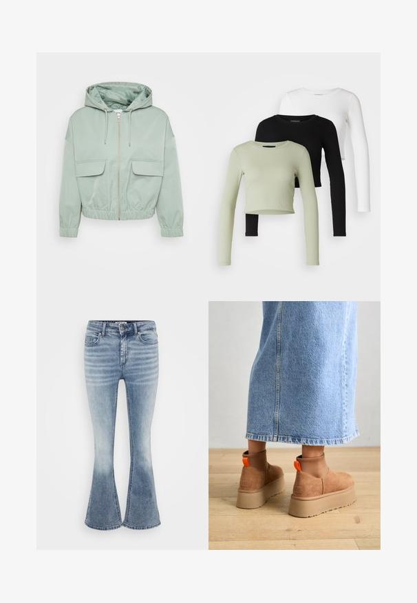 Mätovo zelená skrátená bunda s kapucňou, zipsovým zapínaním, elastickými manžetami a dvoma prednými vreckami na klopu. Hladká tkanina s lesklou vnútornou podšívkou.; Even&Odd Petite 3 PACK - Top s dlhým rukávom - black/white/light green; Svetlo modré rozšírené džínsy vyrobené z denimu, s klasickým päťvreckovým dizajnom, predným zapínaním na zips a jemným vyblednutím pozdĺž stehien.; Hnedé zamskové platformové čižmy s elastickými bočnými panelmi a oranžovými ťahákmi, v kombinácii s sukňou z ľahkého denimu po kolená, na drevenej podlahe.