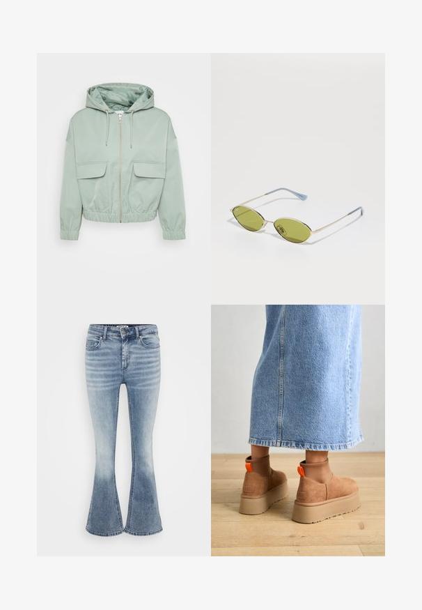 Veste cropped vert menthe avec capuche, fermeture éclair, manches élastiques et deux poches avant à rabat. Tissu lisse avec une doublure intérieure brillante.; Even&Odd Petite 3 PACK - T-shirt à manches longues - black/white/light green; Jean flare bleu clair en denim, avec un design classique à cinq poches, fermeture éclair à l'avant et un léger délavage le long des cuisses.; Bottes en suède brun à plateforme avec des panneaux latéraux élastiques et des languettes orange, associées à une jupe en denim clair arrivant au genou sur un sol en bois.; Lunettes de soleil vert olive avec une fine monture dorée et des branches accentuées de bleu. Verres ovales et design minimaliste.