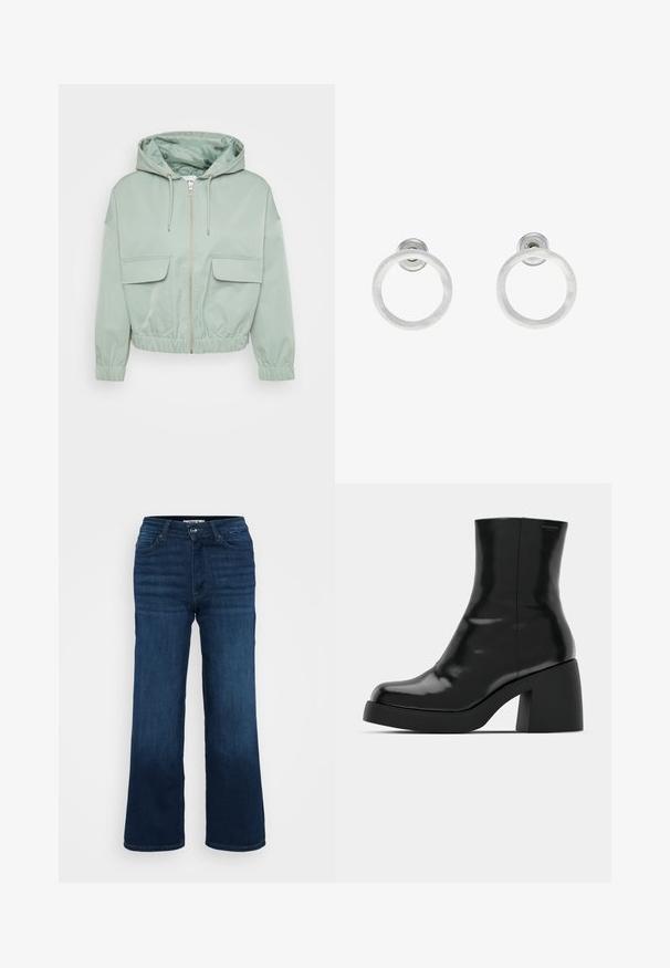 Mint green cropped jacket with a hood, zip closure, elastic cuffs, and two front flap pockets. Smooth fabric with a shiny inner lining.; Even&Odd Petite 2 PACK - Top - light grey/black; ONLY Petite ONLMADISON BLUSH WIDE - Wide Leg - dark blue denim; Black ankle boots with a glossy finish, square toe, and a thick block heel. The design features a seamless silhouette and minimal branding.; Silver metal hoop earrings with a brushed texture, featuring a circular design and a clear post back for secure wear.