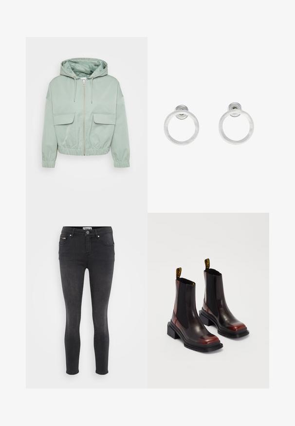 Giacca cropped verde menta con cappuccio, chiusura con zip, polsini elasticizzati e due tasche anteriori con pattina. Tessuto morbido con una fodera interna lucida.; Even&Odd Petite 2 PACK - Top - light grey/black; Jeans skinny neri in denim. Presentano una chiusura frontale con bottone e una tasca con zip in vita. Texture liscia con minima scoloritura.; Dr. Martens MAYBOLE CHELSEA - Stivaletti con plateau - black/cherry red; Orecchini a cerchio in metallo argento con finitura spazzolata, caratterizzati da un design circolare e un gancio trasparente sul retro per una vestibilità sicura.