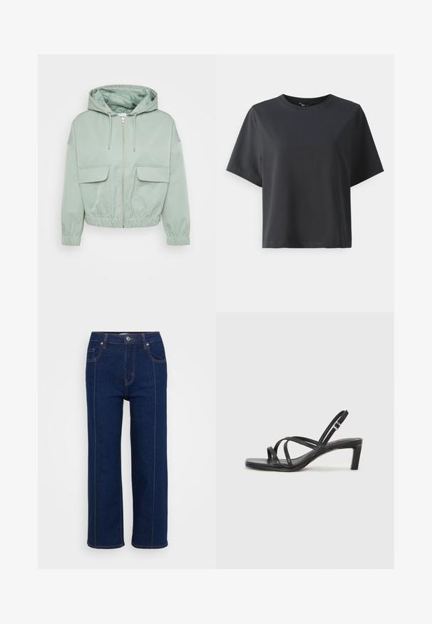 Mentazöld, kapucnis, rövid fazonú dzseki, cipzárral, rugalmas mandzsettákkal és két elülső zsebbel. Simább anyag, fényes belső béléssel.; Fekete pamut póló, rövid ujjú, kerek nyakkivágású, laza szabású, sima textúrájú, egyszerű design, minta vagy kiegészítők nélkül.; Sötét kék, egyenes lábú farmernadrág gombos záródással, elülső és hátsó zsebekkel, valamint látható narancssárga varrással a varratok mentén.; Fekete pántos szandál négyzetes orral és alacsony blokk sarkal. Több vékony pánttal és állítható boka pánttal rendelkezik. Sima bőrből készült.