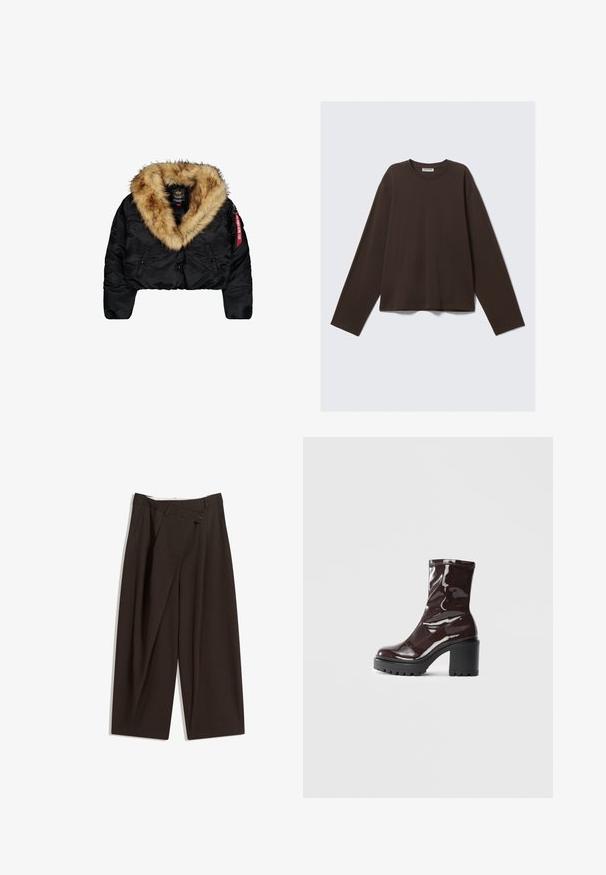 Střih černé bundy se širokým krémovým umělým kožešinovým límcem, předními knoflíky, bočními kapsami a červeným logem na rukávu.; Hnědá dlouhá tričko s dlouhým rukávem vyrobené z měkké látky, s kulatým výstřihem a volným střihem, se základním designem bez dalších vzorů nebo kovových doplňků.; Tmavě hnědé široké kalhoty s vysokým pasem, vybavené jedním tlačítkem na zapínání a plisovaným předním dílem. Vyrobené z lehkého materiálu.; Lesklá bordó kotníková bota s masivním černým podpatkem, se hladkým povrchem a jednoduchým designem. Žádné viditelné zapínání ani vzory.
