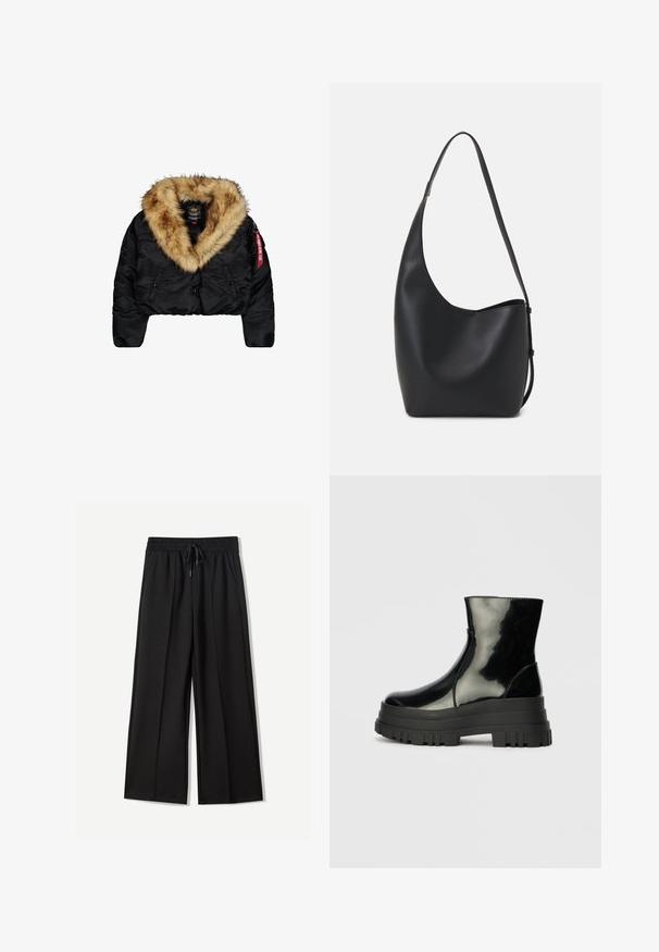 Avskuren svart jacka med en stor krage i tan-fauxpäls, med framsida knappar, sidofickor och en röd logotyp tag på ärmen.; Brun kortärmad t-shirt i mjukt tyg, med rund halsringning och avslappnad passform. Inga synliga mönster eller detaljer.; Svarta vida byxor i mjukt tyg. Har ett elastiskt midjeband med dragsko och två sidofickor. Platt framsida med veck.; Svart glansig ankelsko med tjock sål och rund tå, sedd från sidan på en enfärgad ljusgrå bakgrund.; Svart läder hobo-väska med en slät textur, kurvig form och en justerbar axelrem; har en bred öppning upptill.