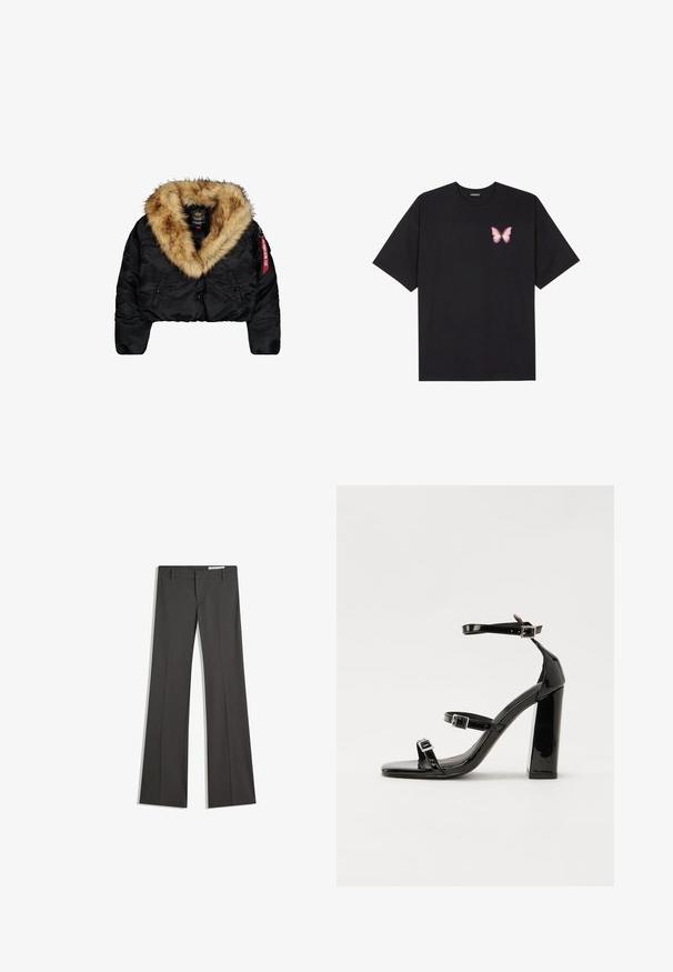 Cropped black jacket with a large tan faux fur collar, featuring front buttons, side pockets, and a red logo tag on the sleeve.; Black cotton t-shirt with short sleeves, featuring a small pink butterfly graphic on the left chest. Crew neck design with a relaxed fit.; Gray flared trousers in a smooth fabric, featuring a flat front, belt loops, and a tailored design with clean lines.; Black patent high-heeled sandals with two buckle straps, square toe, and a chunky block heel, featuring a smooth, glossy texture.